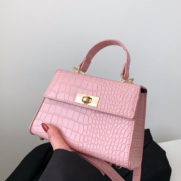 Pink Elegant Women's Mini Crocodile Embossed Twist Lock Flap Square Handbag - Picture 3 of 8